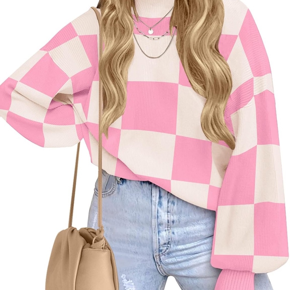 Cozy Pink and Cream Checkered Turtleneck Sweater
